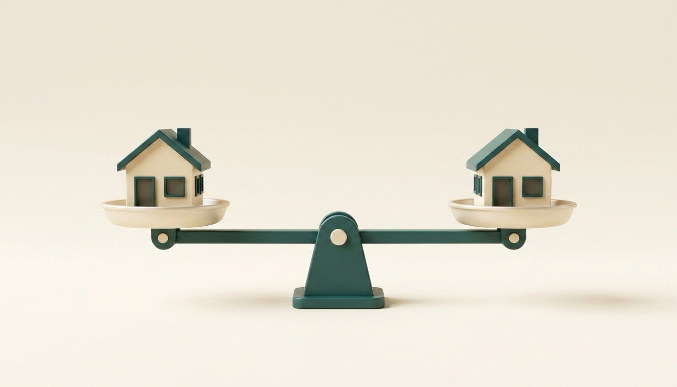 Balanced teal scale with a small house model, rendered still-life on warm paper.
