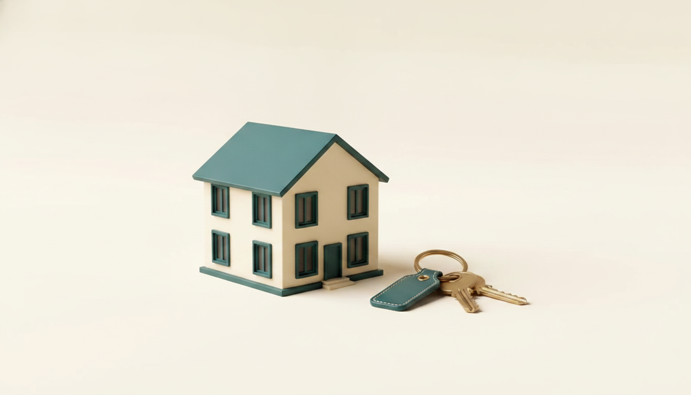 House model with teal keys on a ring, rendered still-life on warm paper.