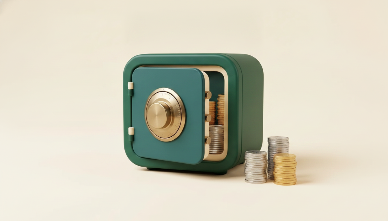 Teal ledger safe with a stack of coins, rendered still-life on warm paper.